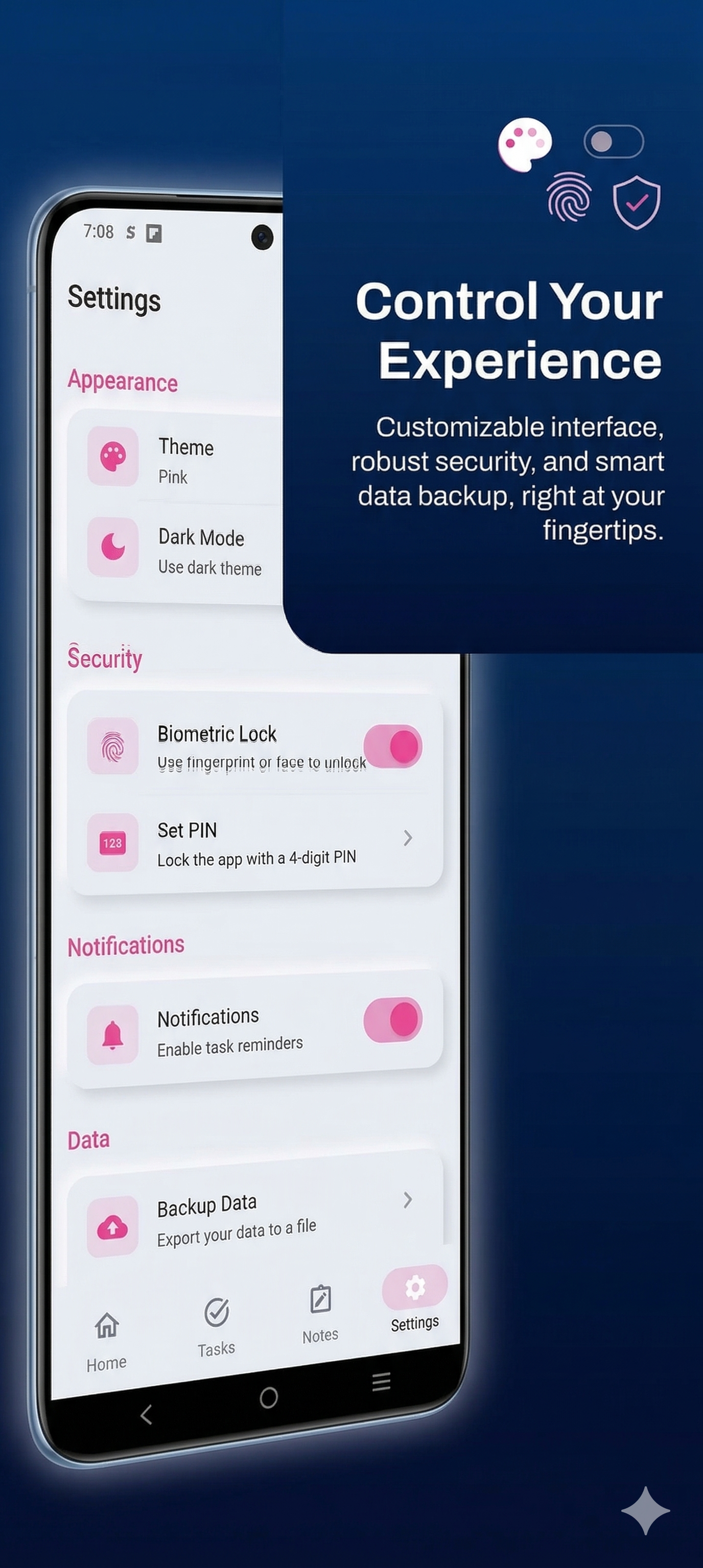 Offlist settings screen showing appearance and security options