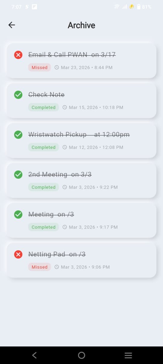 Offlist archive screen showing completed and missed tasks