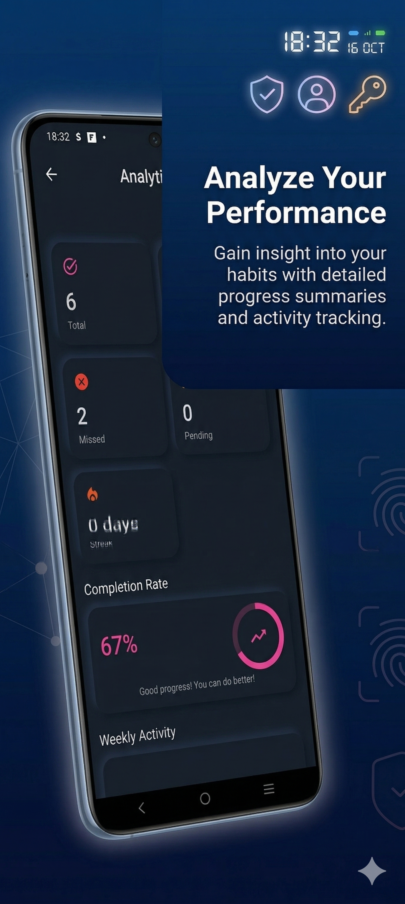Offlist analytics screen showing completion rates and streaks