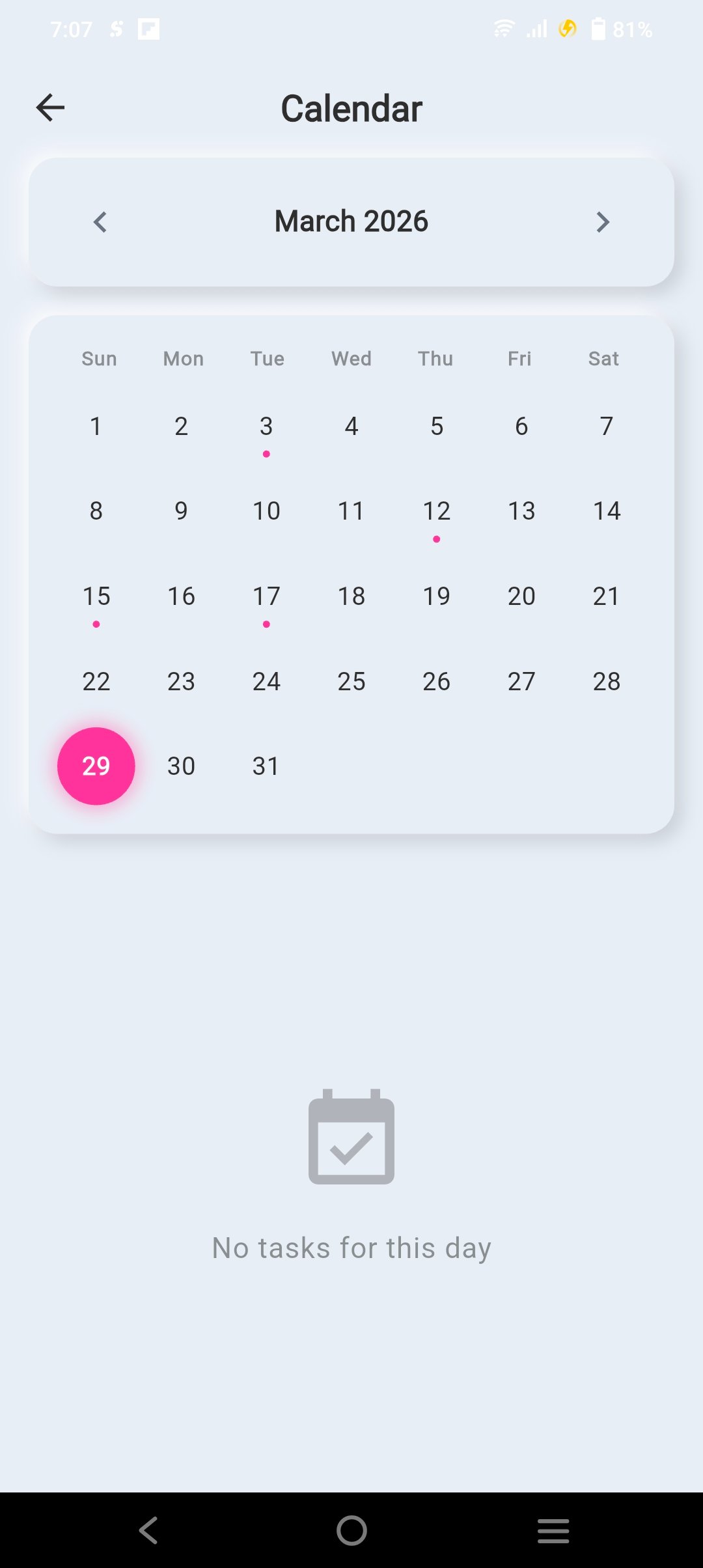 Offlist calendar screen showing monthly view