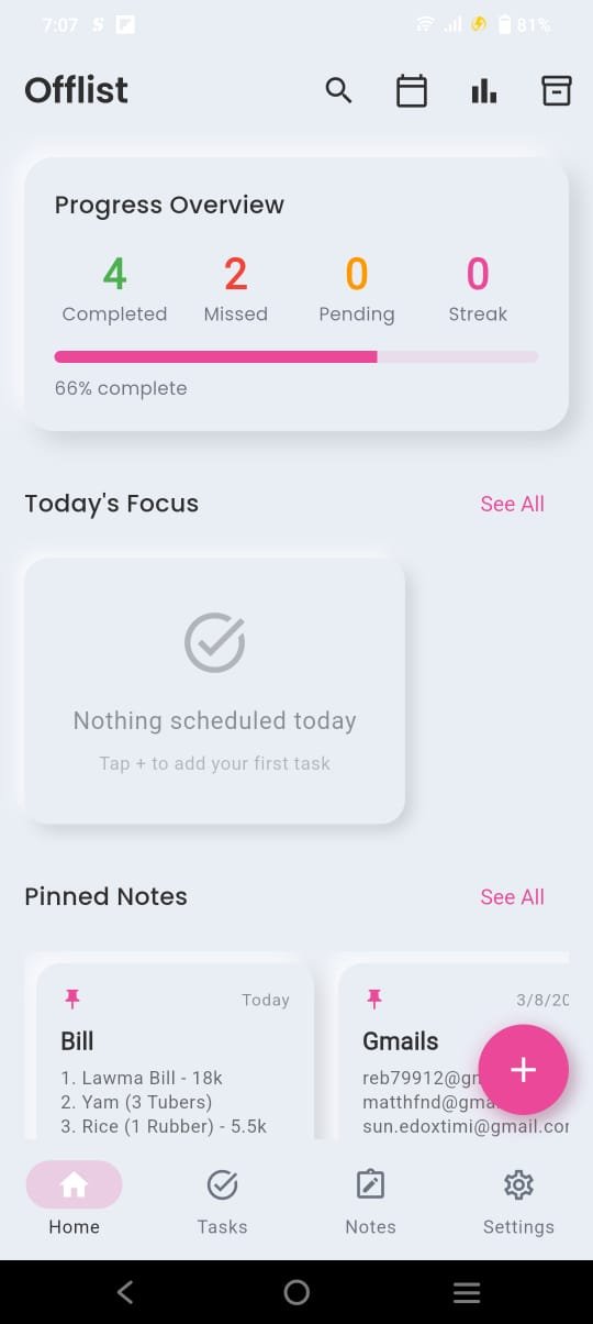 Offlist home dashboard with progress overview, tasks and pinned notes